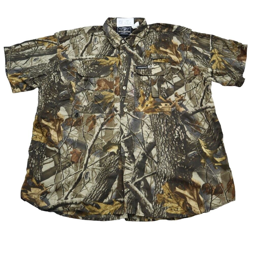 Winchester Shirt Mens XL Green Camo Tree Print Short Sleeve Button Up Top